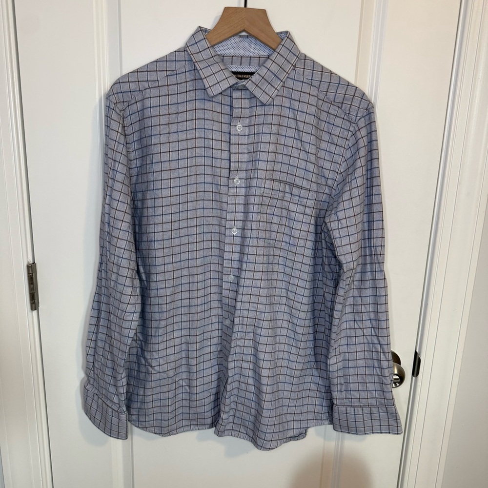 Johnston & Murphy Mens Large Blue Brown Checkered Button Up Long Sleeve Shirt